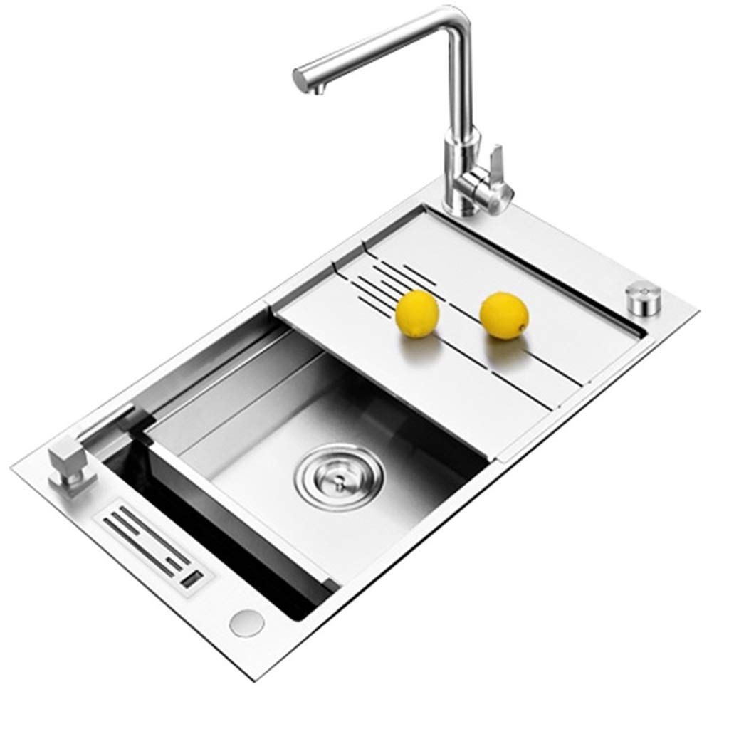 ZQFHSX Kitchen Sinks Fixtures Square Sink Single Basin Cutlery One-button Drain For Flush Mounting (Color : Silver, Size 81 * 43 24cm)
