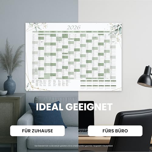 XXL Jahreskalender 2026 und Januar 2027 Jahresplaner in A1 im schönen Eukalyptus Blätter Design mit Ferien und Feiertagen Wandkalender Wandplaner Kalender Planer gefaltet gefalzt