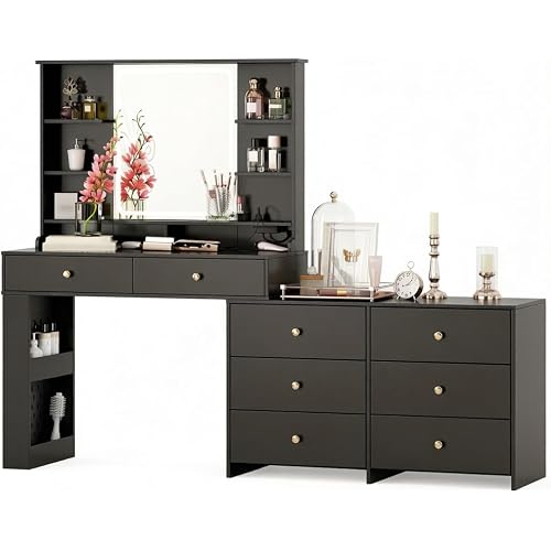 Large Vanity Desk with 3 Color Touch Screen Dimming Mirror, Vanity Desk with Charging Station, Modern Retractable Makeup Dressing Table, Vanity Table With storage shelves and 8 Sliding Drawers, Black