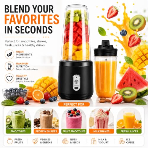 Image of Portable Blender USB Rechargeable Personal Juicer Mixer | 6 Stainless Steel Blades | 3 Speed Modes | 1500mAh Battery | Mini Smoothie Maker for Shakes, Juice & Protein Drinks | Assorted Color