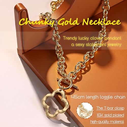 Krfy Chunky Gold Necklace for Women, Hammered Cross Necklace for Women Non Tarnish, Heart Clover Necklace Pendant, Dainty Toggle Necklaces Paperclip Chains Jewelry 16K Gold Plated 45cm2