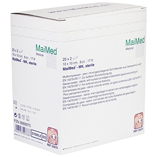 MaiMed MK Sterile Kompressen 10x10 cm 50 Stück - Verbandsmaterial Mullkompressen 10x10 cm steril 8 Lagen - Wundauflage nicht haftend - Wundkompressen zur Wundversorgung und Blutabsorbtion