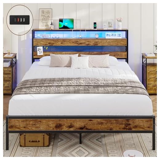 AOGLLATI Lit 140 x 190 avec Sommier Métal, Cadre de Lit 140 x 190 avec LED et Multiprise (3 Ports USB et 1 Type-C),30cm Espace de Rangement,Marron Vintage/Noir