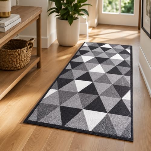 Image of Matz&More Anti Slip Runner Floormat, 50x120cm, Carpet for Bathroom, Bedside, Hallway, Living Room Dining Room, Geometric Grey Black