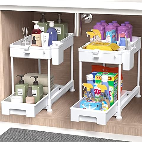 SPACEKEEPER Under Sink Storage Shelf,2 Tier Slide Out Under Cabinet Basket Drawer,Multi-Purpose Slim Organizer for Kitchen Bathroom,Bottom Slide Out Basket,40x22x31cm,White,2 Pack Cover