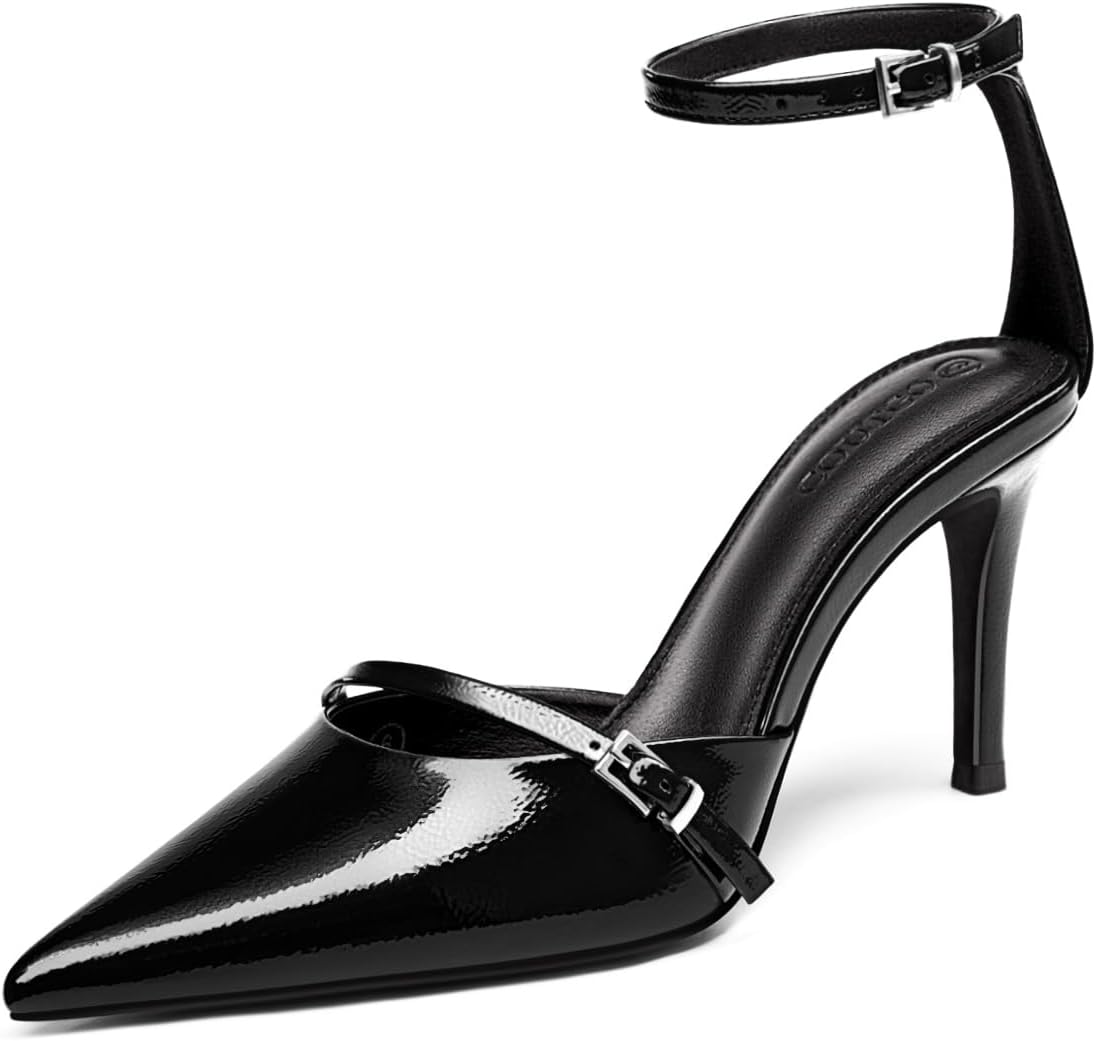 Coutgo Womens High Heels Closed Pointed Toe Ankle Buckle Strap Sexy Pumps Wedding Party Dress Shoes