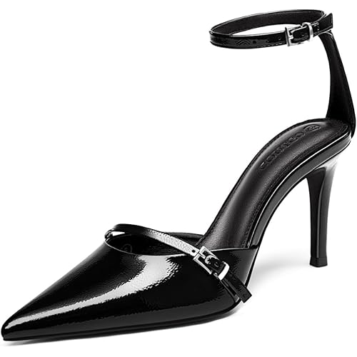 Coutgo Womens High Heels Closed Pointed Toe Ankle Buckle Strap Sexy Pumps Wedding Party Dress Shoes