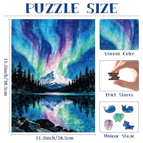 Puzzle de madera de 300 piezas para adultos con piezas de formas únicas en tema Aurora Pine Forest miniatura 2