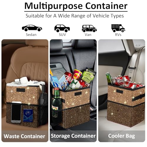 Image of Cute Mini Car Trash Bag with Lid, Glitter Garbage Can Bin Hanging for Back /Front Seat /Console, Waterproof, Leakproof, 2.5 Gallon, Brown Bling Sparkly