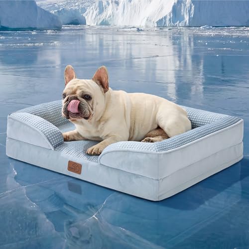 Image of Bedsure Cooling Dog Bed Medium Size Dogs - Orthopedic Medium Dog Cat Cooling Bed Washable, Pet Couch Sofa with Waterproof Removable Cover, Pets Bed with Nonskid Bottom, Cooling Blue, 28 inch