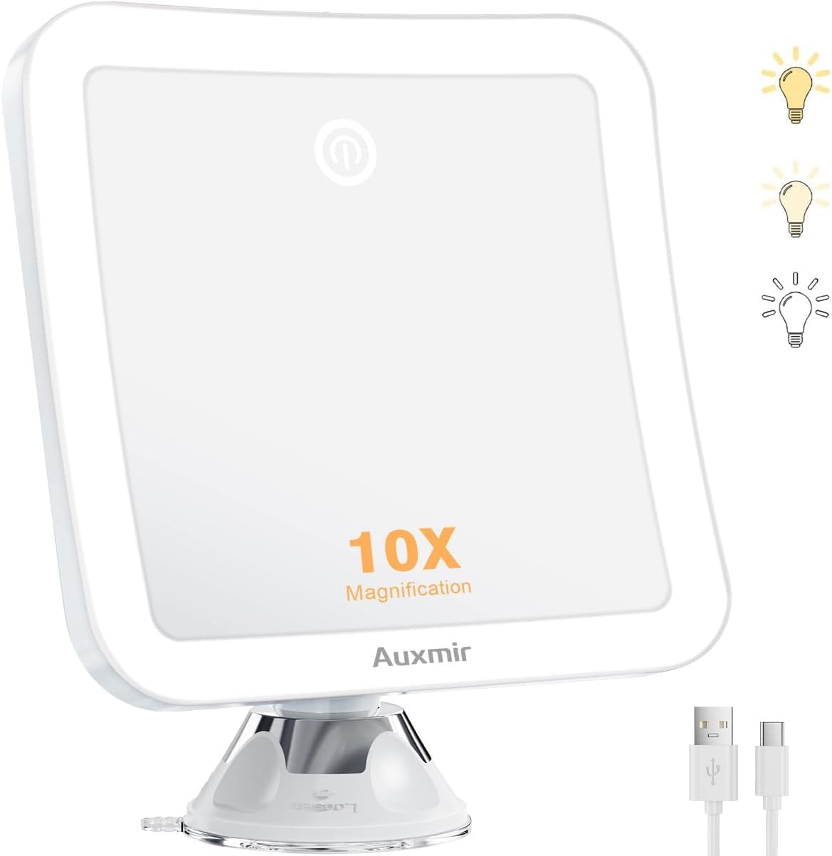Auxmir Espejo Maquillaje con Luz 10X, Espejo Aumento Ventosa Ducha, 2000 mAh USB Recargable, 360 Giratorio, 3 Colores de Luz, Inalámbrico para Pared Baño Viaje, Afeitado Depilación Cejas, Cuadrado