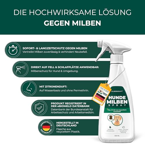 Silberkraft Milbenspray Hunde 500ml - Effektives Anti Milben Spray für Hunde - Milbenbefall behandeln Grasmilben Räudemilben Ohrmilben Hund