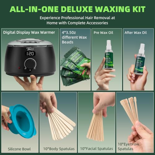 Image of VENNCO Waxing Kit for Hair Removal, Digital Wax Warmer Kit with LED Display | 4 Bags Hard Wax Beads for Sensitive Skin, At Home Brazilian Bikini Face Body Wax Kit for Women Men