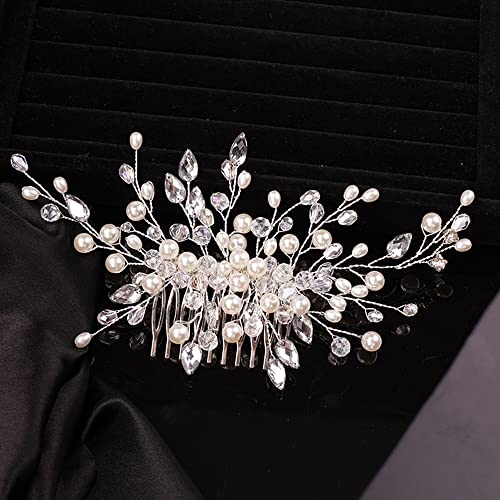 Teyglen Crystal Bridal Hair Comb Wedding Pearl Rhinestones Hair Pieces For Bride Bridal Gold Side Hair Comb Rhinestone Headpieces Hair Accessories For Women Girls (Silver) #TOP1