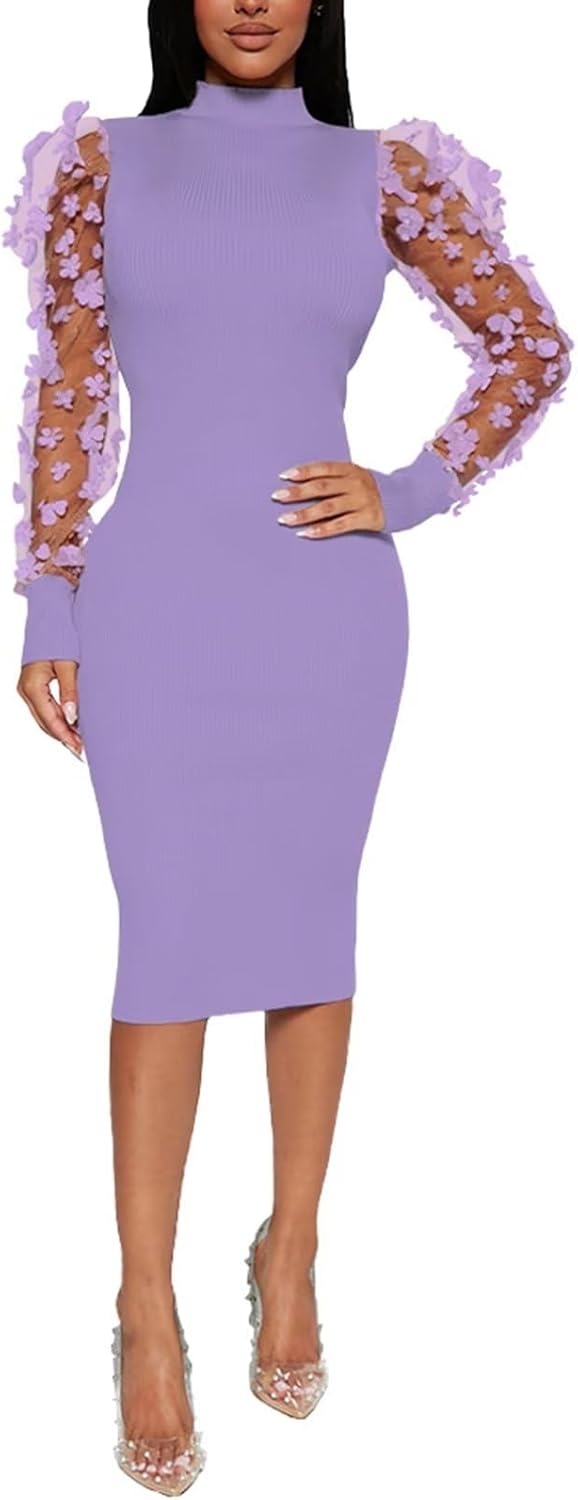 Annystore Women's Elegant Mock Neck Sheer Long Sleeve Mesh Bodycon Dress Ribbed Club Party Pencil Midi Dresses Clubwear - Image 5