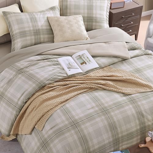 Image of MaiReve Plaid Queen Comforter Sets, Khaki Green Grid Farmhouse Bedding Set Bed in A Bag, Classic Checkered Comforter Sets with Fitted & Flat Sheet, Pillowcases & Shams 90 inchx90 inch