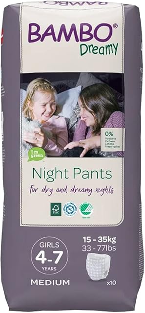 Bambo Dreamy Night Pants Nappies, Pull Up Pants, Eco Night Time Nappies Keep Beds Dry All Night, Pull Ups Training Nappies, Secure, Comfortable, Potty Training Pants, Girls M, Age 4-7, 15-35kg, 10PK