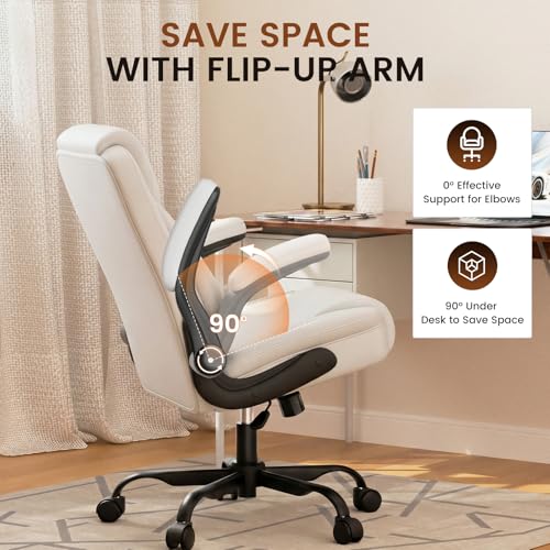 Image of GTPLAYER Leather Office Chair, Home Desk Chair with Flip-up Arms and Ergonomic Back - Comfy Heavy Duty Executive Chair for Home Office Gaming, White