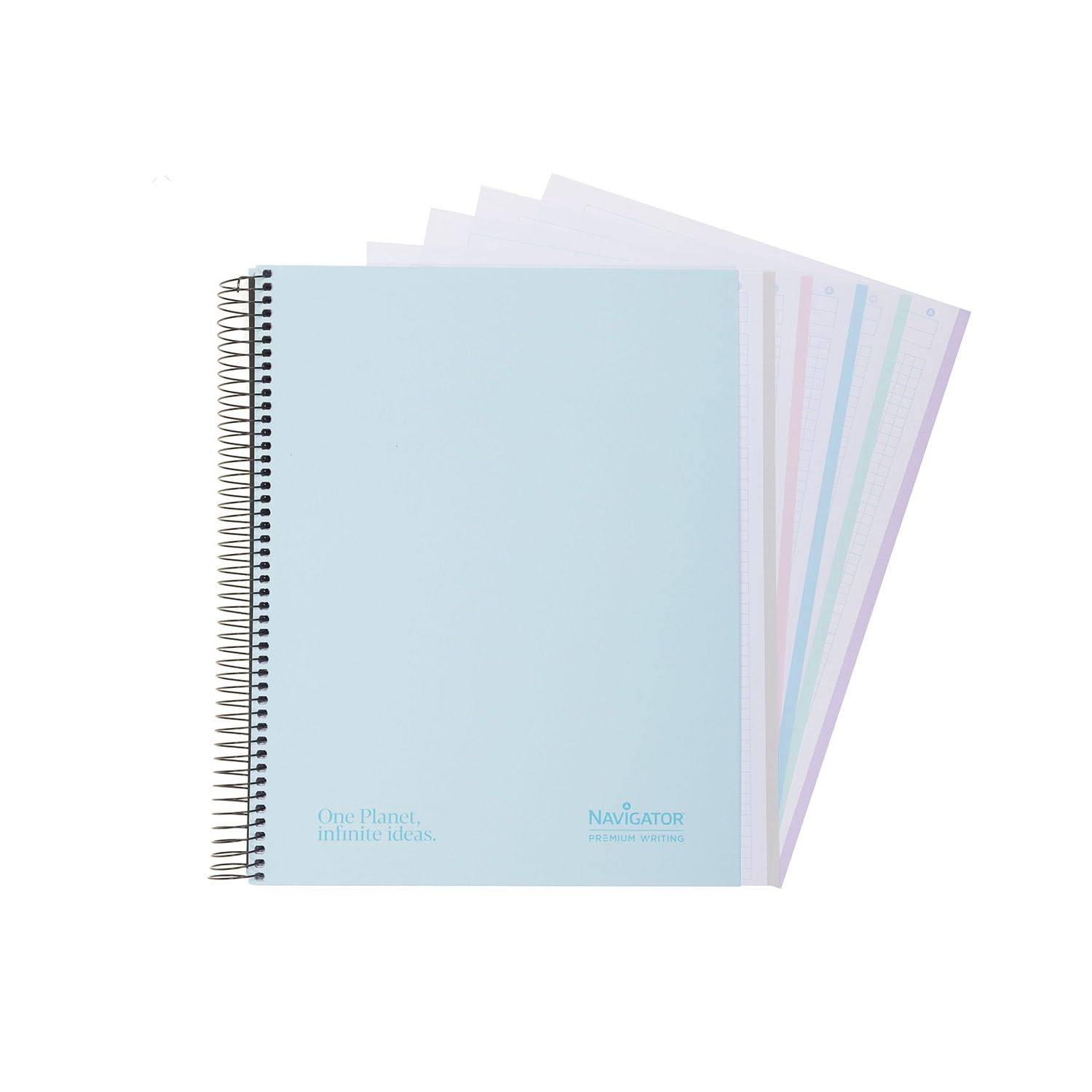 Navigator Cahier microperforé a4 + quadrillé 5 x 5 cm | Couvercle extra long | Bleu pastel | 5 bords couleur | papier 80 g | 120 feuilles 4 perceuses | spirale Coil-Lock | Papier Premium Writing