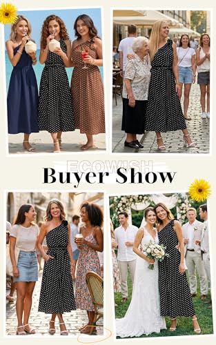 Image of ECOWISH Womens Summer One Shoulder Maxi Dress Casual Polka Dot Midi Dresses Sleeveless Long Pockets Sundress Beach Vacation