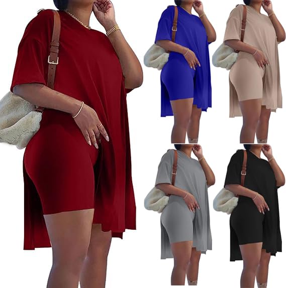 AXOSY Women Plus Size 2 Piece Outfits Short Sleeve Tunic Tops and Skinny Biker Shorts Sets Tracksuits3