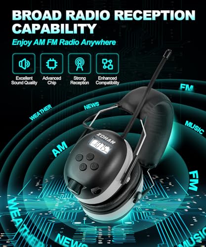ZOHAN EM042 AM/FM Radio Headphone with Digital Display,Ear Protection Noise Reduction Safety Ear Muffs,Ultra Comfortable Hearing Protector for Lawn Mowing and Landscaping