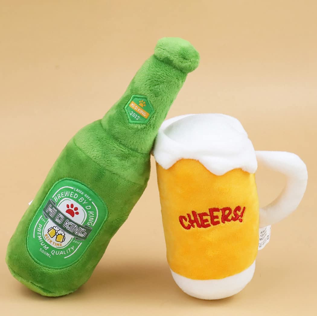 2 Stk. Hundespielzeug mit Quietscher, interaktive Plüschspielzeuge in Bierflaschen und Bierkrugform, kaubeständig für Welpen, für Spiel und Beschäftigung, aus Plüsch, 7 x 25 cm und 10 x 16 cm