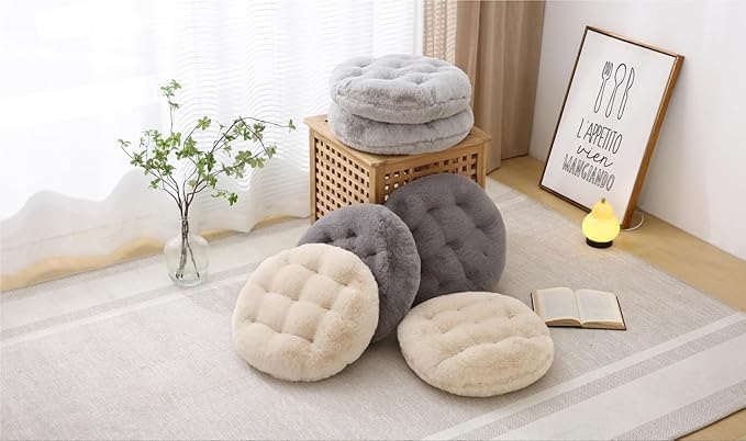 MolynnChic Rundes Bodenkissen für Erwachsene – 50cm Meditationskissen aus Kunstkaninchenfell, Weiches Sitzkissen für Wohnzimmer, Balkon, Yoga & Outdoor(Beige)