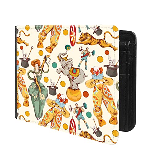 (Vintage Circus with Clown and Elephant Front Pocket Slim Bifold Leather Wallet RFID Blocking with ID Window for Men