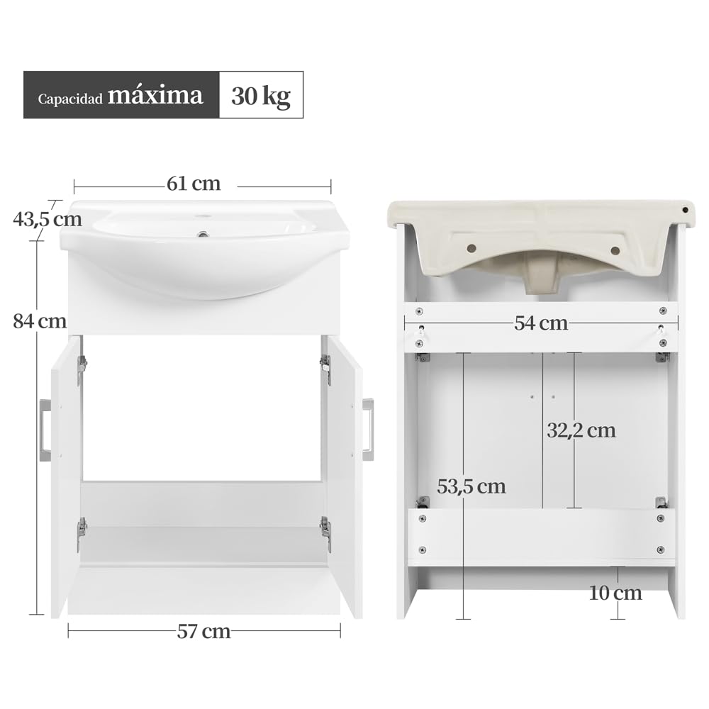 Yaheetech Mueble de Baño con Lavabo Cerámico con 2 Puertas | Armario Bajo Lavabo para Lavabo 61x43,5x84 cm Blanco