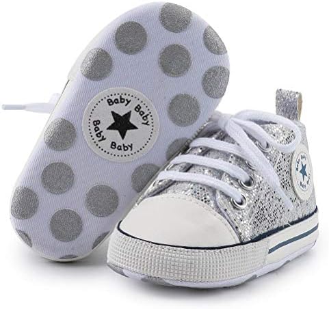 Baby Boys Girls Star High Top Sneaker Soft Anti-Slip Sole Newborn Infant First Walkers Canvas Denim Shoes (12cm, B-Silver, 6_Months)