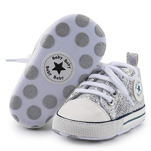 Baby Boys Girls Star High Top Sneaker Soft Anti-Slip Sole Newborn Infant First Walkers Canvas Denim Shoes (11cm, B-Sequins Silver, 0-6 Months)