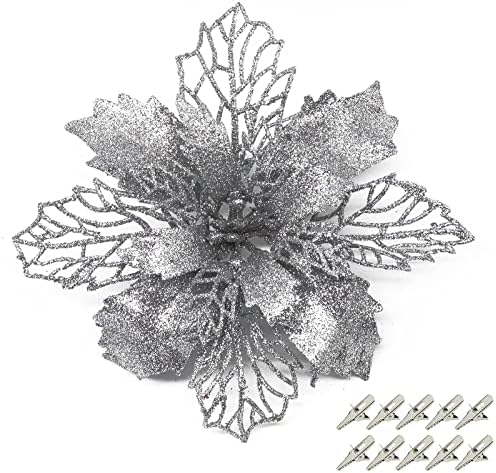 Yueshop 10Pcs Christmas Glitter Poinsettia Large Flowers 16CM Christmas Flowers Decor Ornament Artificial Glitter Poinsettia Christmas Tree Ornaments Decorative Flowers(Champagne)