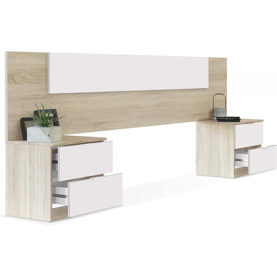 HOGAR24 ES Cabecero + 2 mesitas Color Blanco artik y Roble Canadian