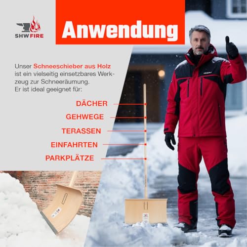 SHW-FIRE | Schneeschieber mit 50cm Schaufel und 150 cm Ovalstiel, Schaufel mit 5-Fach verleimtem Sperrholz mit Aluminium-Schutzkante Premium Schneeschaufel mit Buchenholzstiel | Made in Germany – Bild 3
