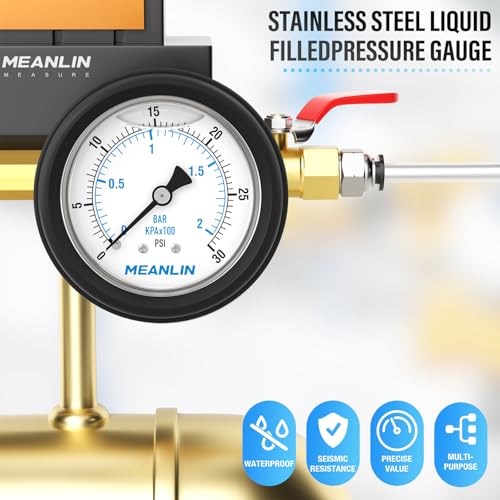 Image of MEANLIN MEASURE 0~30Psi Stainless Steel Liquid Filled Pressure Gauge 1 /4 inch NPT 2.5 inch FACE DIAL with Rubber Protective Sleeve, Center Back Mount