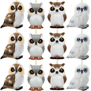 12 Pcs Furry Hanging Owl Ornaments Christmas Owls Decor Assorted Plush Stuffed Animal Mini Owl Doll Craft Project Party Favors for Christmas Tree Home Wall Decoration, Gift for Owl Lovers, 4 Styles