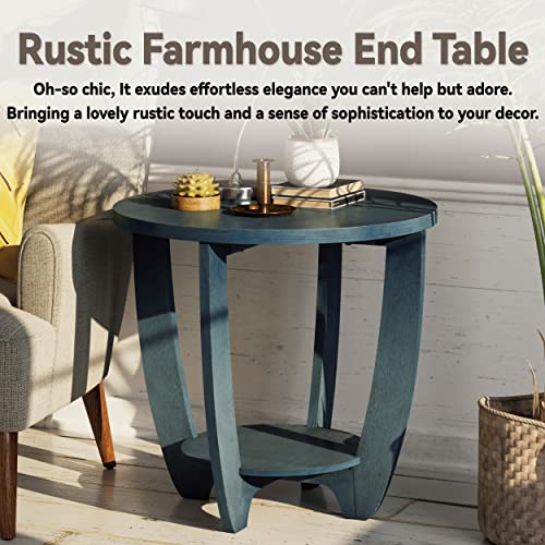 COZAYH Rustic Farmhouse End Table with Storage Shelf, French Country Accent Side for Family, Dinning or Living Room, Small Spaces, Modern, Round, Vintage Blue Finish, Curved Leg