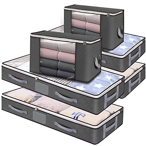 JMIATRY 6 Pack Underbed Storage Box with Lid, Large Underbed Storage Bags with Handles and Zips, Foldable Non Woven Under Bed Storage Bag for Quilt, Clothes, Comforters and Blankets