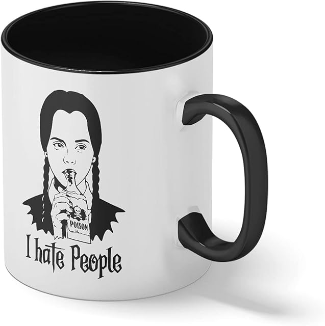 I Hate People I Hate Everything Wednesday Addams Family Halloween White Coffee Mug with Black Rim & Handle