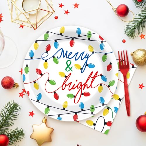 Image of ZOIIWA 96PCS Merry Christmas Party Tableware Set Christmas Lights Party Supplies Merry and Bright Disposable Dinnerware Plates Napkins Forks with Holiday String Lights for Xmas Birthday Favors