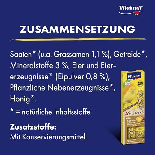 Vitakraft Kräcker, Knabberstangen für Kanarienvögel, mit Ei und Grassamen, mit Vitaminen und Mineralien, für langes Knabbervergnügen, ohne Zusatz von Zucker (10x 54g)