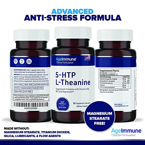 Ageimmune Serenity Formula For Stress Relief For Teens And Adults With 5-Htp, L-Theanine, Vitamin B6, Vitamin B12, Magnesium. 60 Veggie Capsules. Doctor Formulated, Magnesium Stearate Free. #TOP2