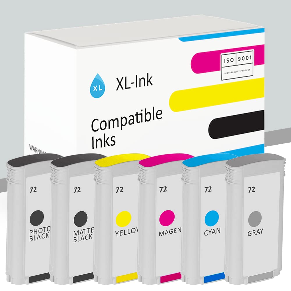 XL-InkXLP Pack of 6 Ink Cartridges Compatible with HP 72 / HP C9403A C9370A C9371A C9372A C9373A C9374A (Matt Black, Photo Black, Cyan, Magenta, Yellow, Grey, 6 x 130 ml, Latest Chip) - Compatible