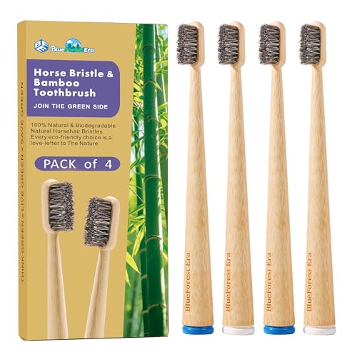 BlueForest Era Horse Hair Toothbrush All Natural Bamboo Toothbrushes Medium 4 Pack Plastic Free Toothbrush No Toxic Non Plastic Toothbrushes Organic Natural Wooden Tooth Brushes for Adults