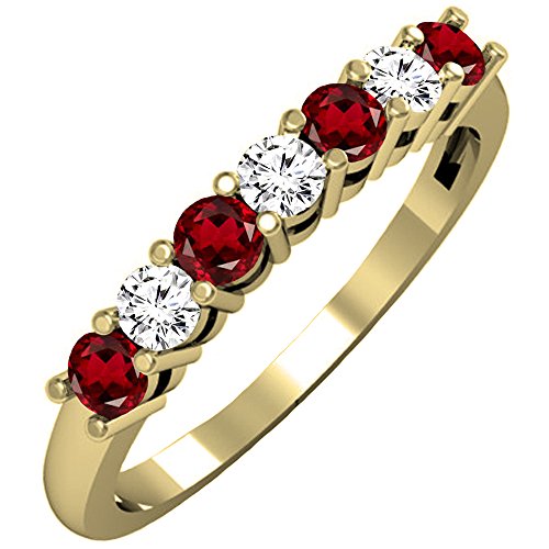 Dazzlingrock Collection 14K Round Garnet & White Diamond Ladies 7 Stone Wedding Band Ring, Yellow Gold, Size 6.5