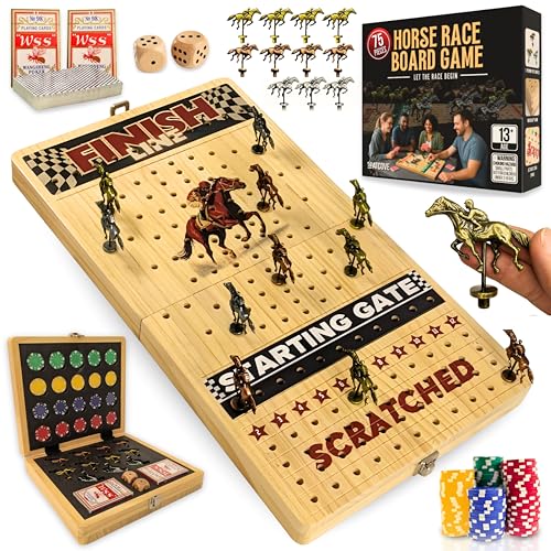 Horse Racing Board Game - Large 22 Inches Folding Horse Race Game Board Adult - Exciting Family Racing Set with Built-in Storage for Premium Chips 2 Sets of Cards 2 Dice and 11 Metal Derby Tokens