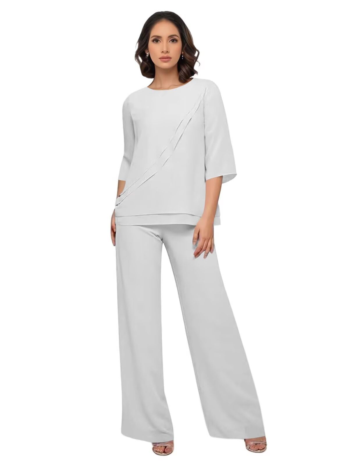 Chiffon Mother of The Bride Pant Suits for Wedding 2 Piece Pant Suit 3 4 Sleeves Formal Wedding