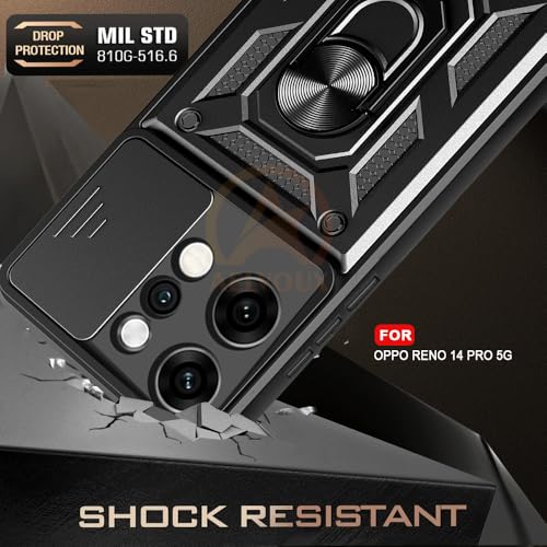Image of Armor Bumper Back Cover Case for Oppo Reno 14 Pro 5G Rotating Camera Cover, Ring Holder & Kickstand | Heavy Duty & 360 Degree Protection Oppo Reno 14 Pro 5G Back Cover (Black)
