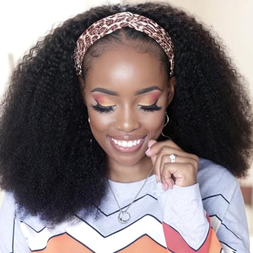 Image of XSY Curly Headband Wig Human Hair 14 Inch Kinky Curly Headband Wigs for Black Women None Lace Front Wig 150% Density Natural Black Color